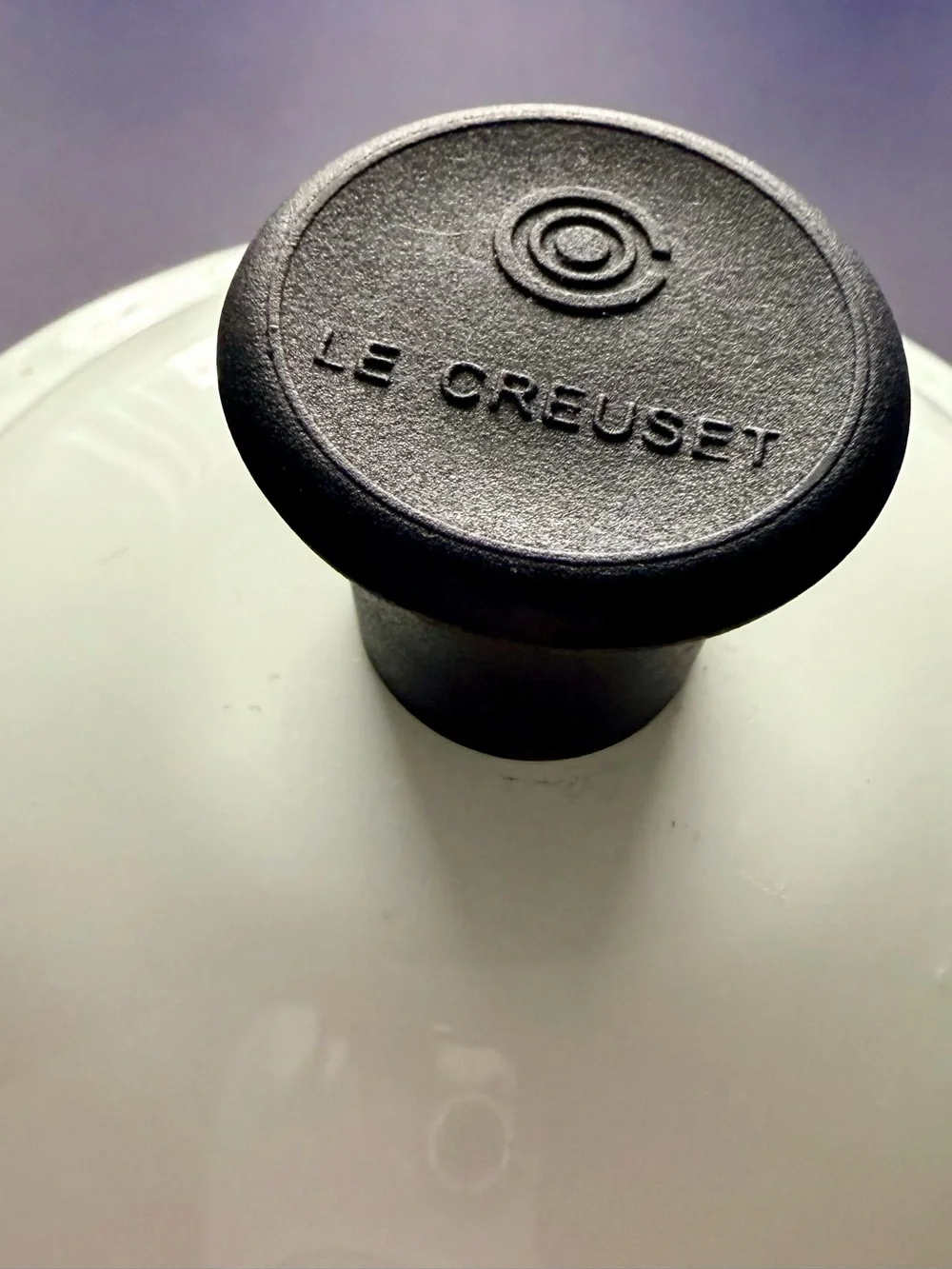Le Creuset White Enamel Tea Kettle with Black Handle and Whistle